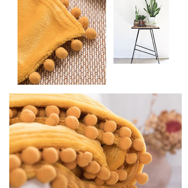 Flannel tæppe med pompon frynser letvægts hyggeligt sengetæppe blødt tæppe til sofa sofa egnet til alle årstider sennepsgul ca.