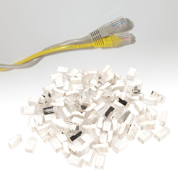 100 stk RJ45 CAT6e Pass Through-kontakter Ren kobber Skjermet Plug and Play 8P8C Ethernet-kabel Krympeender Sølvbelagt