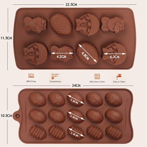 2 st påskägg i silikonform för choklad, ägg och kaninkorg