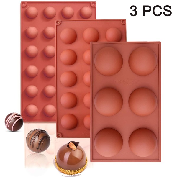 Semi Sphere silikoneform, silikonechokoladeforme, 3 pakker bageforme til fremstilling af chokolade, kage, gelé, kuppelmousse (6Cavity, 15Cavity og 24