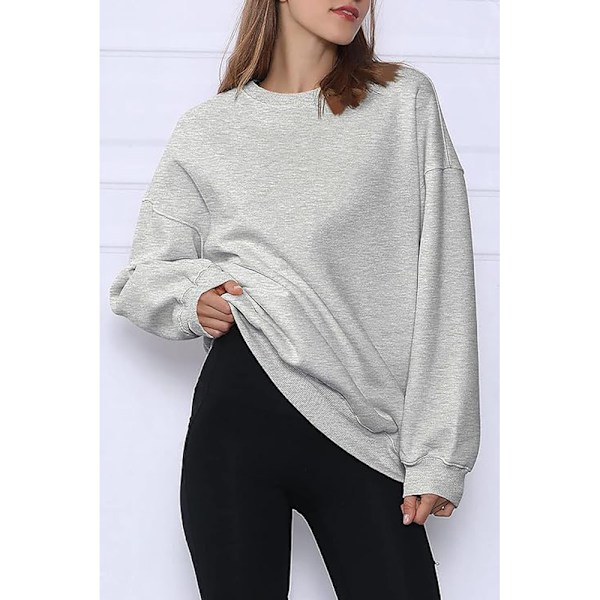 Genser Dame Oversize Lang Ermet Fleece Crew Neck Sweatshirt Topper Høst Vinter Tenåringsjenter Klær (L)