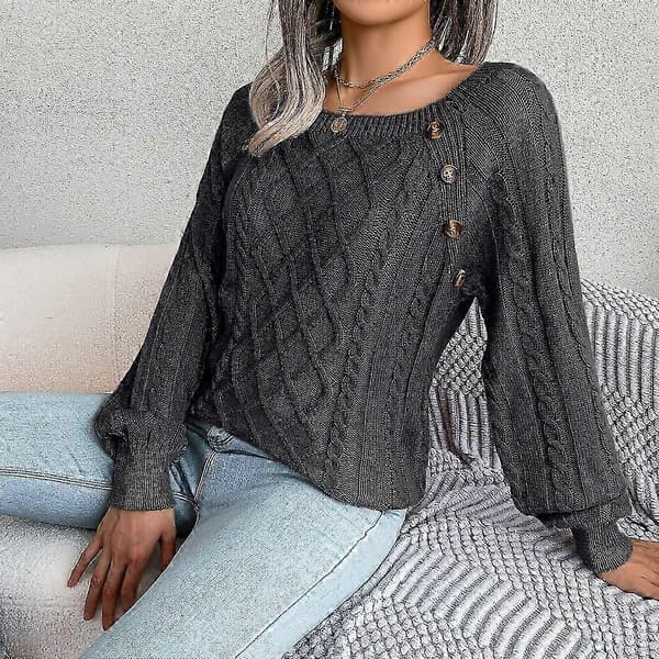 Damstickad tröja mysig tröja rea dam hösttröja snygg fast pullover rundhalsad tröja black M
