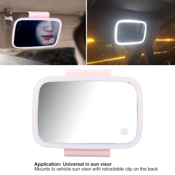 Bilsolskærm Makeup Spejl Omkring LED Lys Touch Screen Plug and Play med Tilbageklappelig Klips Pink