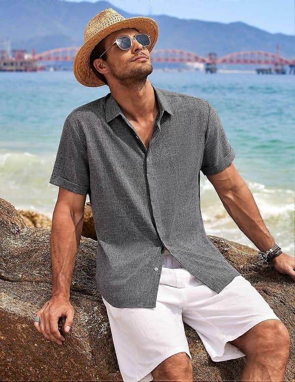Letvægts hør casual button-down kortærmet skjorte til mænd Dark Grey S