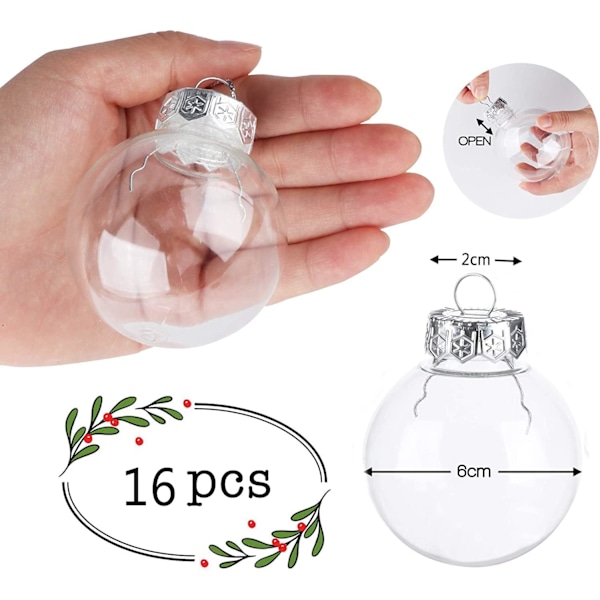 Gjennomsiktige julekuler, 16 stk. klare fyllbare kuler, 6 cm julekuler i akryl, dekorative julekuler, julepynt, DIY