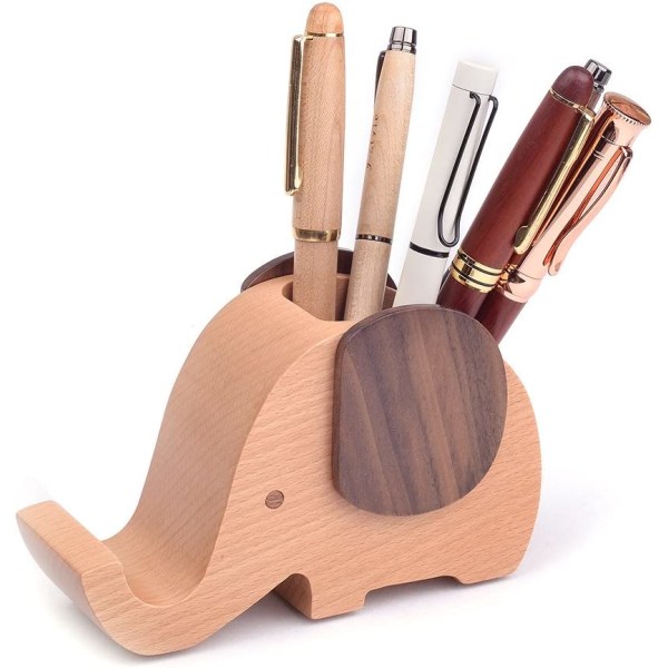 Artinova Elephant Wooden Pen Cup Blyantholder for Desk Decor De