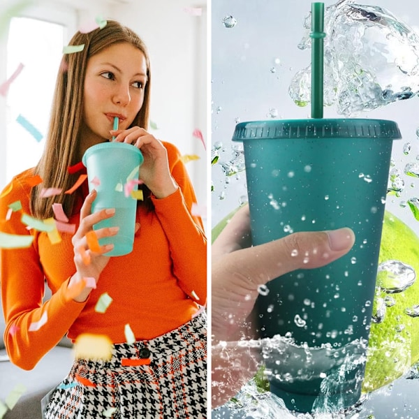 5 kpl glitter-paljettimuovista vesimukia oljella ja kannella, kahvikuppi, punainen, tummanvihreä, viininpunainen, vaaleanvihreä, vaaleanpunainen