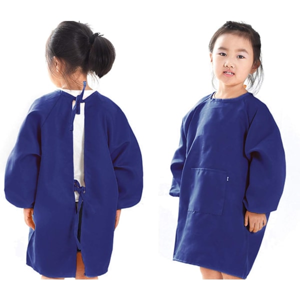 Barneforkle for maling, malingsforklær jentesmokk lang ermet forkle for skolesaker, matlaging, fargelegging, polyester blå (L)