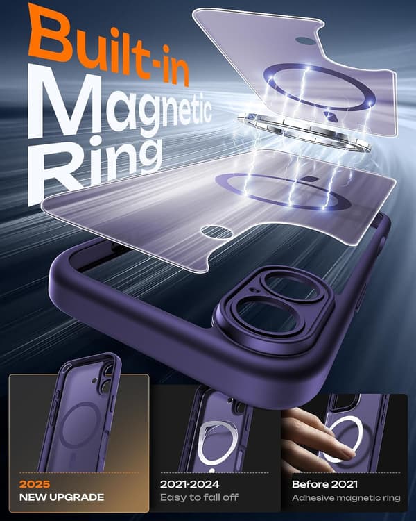 TOCOL Case for iPhone 17, Camera Protection, Integrated Magnetic Ring, Compatible with Magsafe, Drop Protection, Transparent Matte Back, [TT] 2-Midnight Purple för iPhone 17