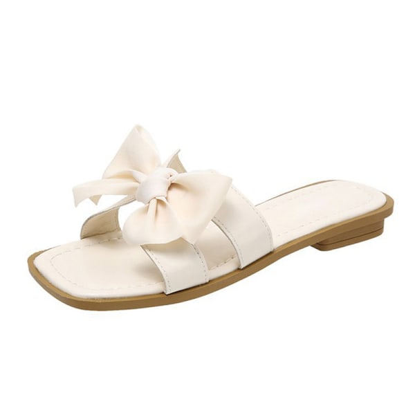 1 Par Dam Bowknot Sandaler med Öppen Tå Casual Sommarsandaler Slip On Platt Sandaler för Promenader Shopping Beige 37