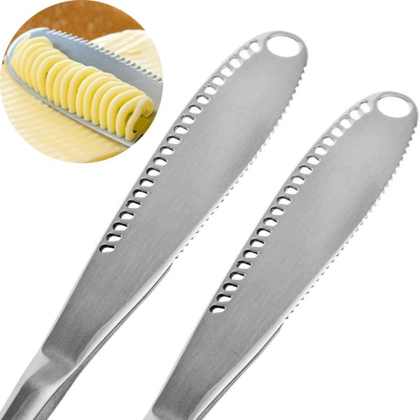 2PCS smörkniv i rostfritt stål, professionell smörkniv med tandad egg