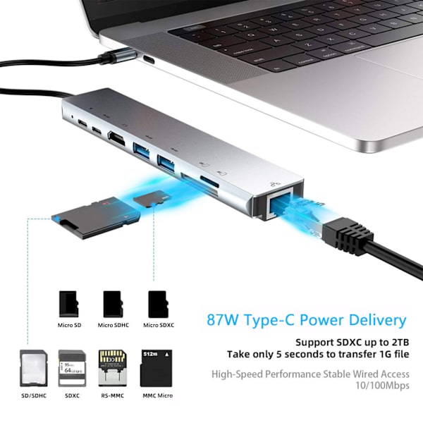 8 i 1 TypeC til 4K til HDMI Docking Station Adapter Hurtigoplader Dock Station