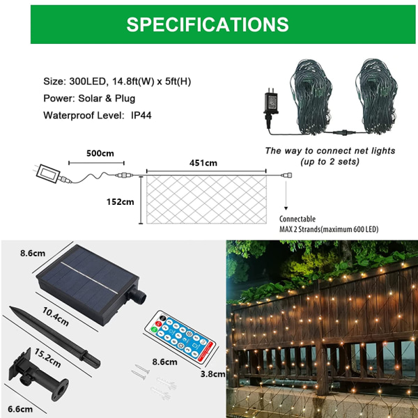 192 LED Solarlys, 9,8ft x 6,5ft Netlys, Eventyrlys