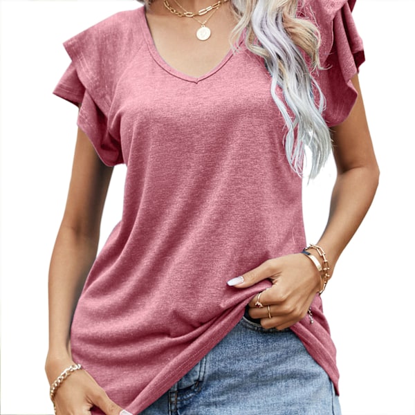 Rose L Women Top V Neck Short Double Layer Ruffle Sleeve Plain Loose Causal Comfortable Summer T Shirt