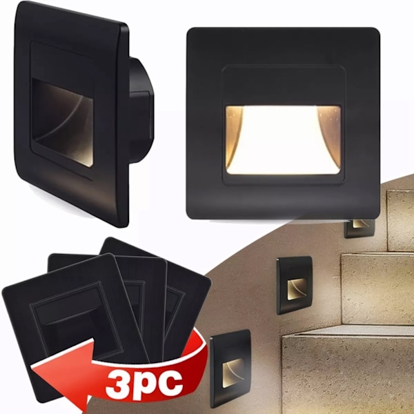 3 stk trinnlys 1,5W 3000K varmt hvitt mykt lys innebygd trappetrinlampe for nattbord korridor trapp