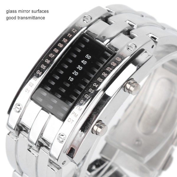 LED-klocka Unik binär tidsläge Display Konvex bågstruktur Vattentät LED-armbandsur Elektronisk klocka Silver L