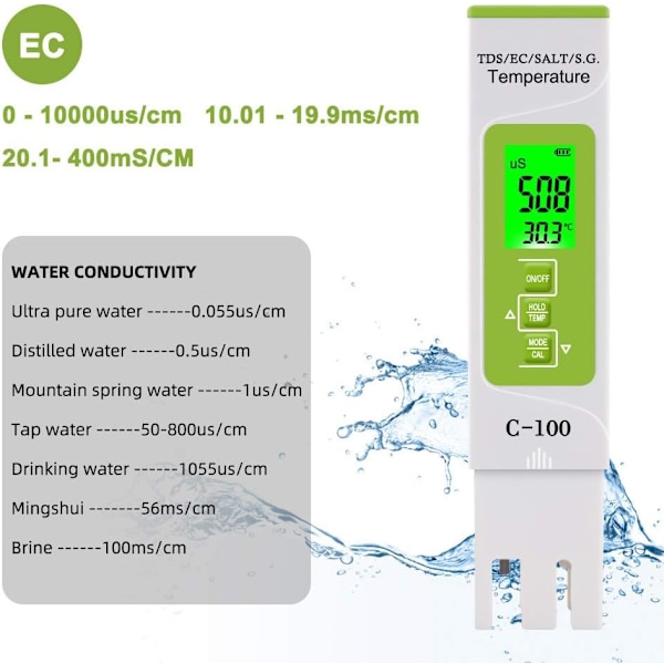5-i-1 pH-mätare, digital vattenkvalitetsmätare för test av TDS/EC/salthalt/Sg./temperatur, hög noggrannhet, test för dricksvatten, hem, pool,