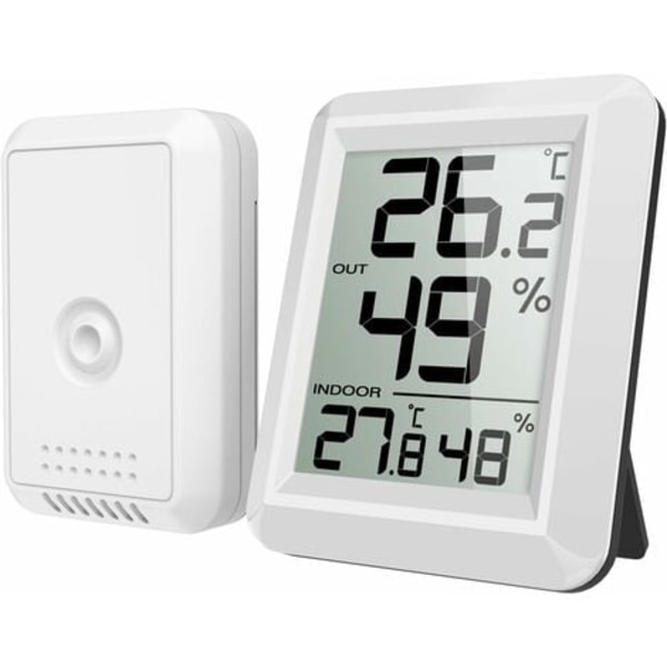 Indendørs og udendørs termometer, tilsluttet termometer med trådløs udendørssensor, digital hygrometertermometer med stort LCD-display, ?/?-kontakt, til kontor, hjem, soveværelse