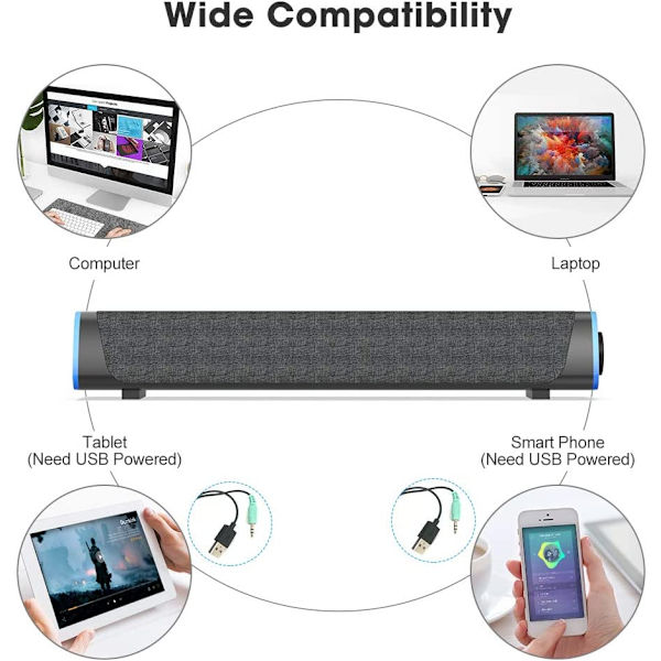 Soulion R30 -tietokonesoittimet, USB-käyttöiset pienet PC-soittimet, värikkäät RGB-valot kytkimellä, ympäröivä ääni, kannettava tietokonesoundbar