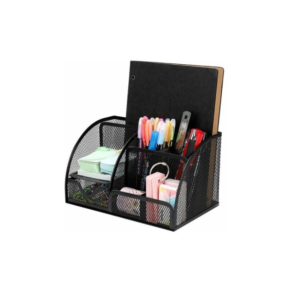 Multifunctional Metal Desk Organizer Pencil Holder with Mesh Sliding Drawer Stationery Storage Box for Home, School, Office Black