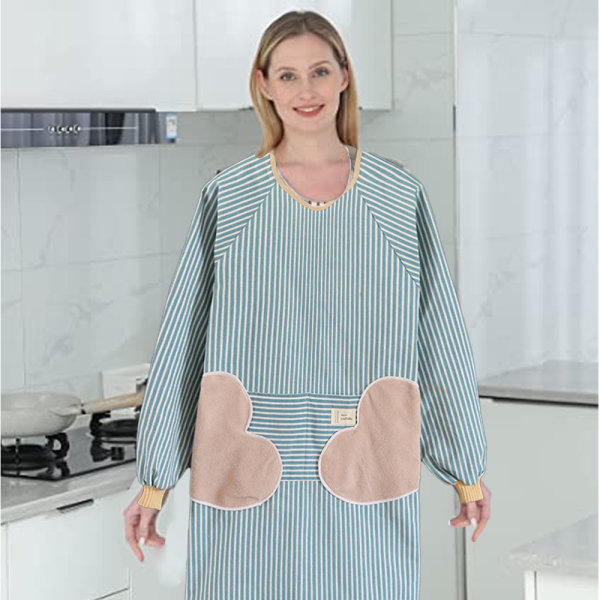 Långärmade förkläden i bomullslinne för kvinnor med fickor