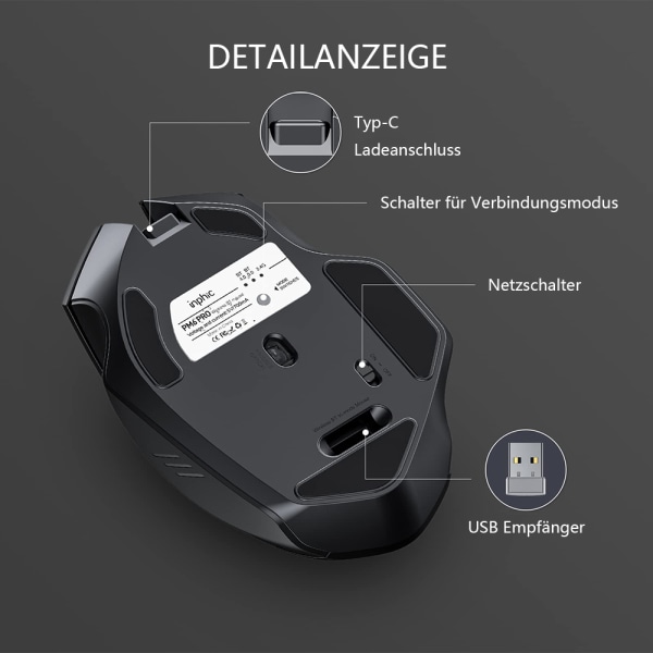 Bluetooth-mus, INPHIC Multi-Device Silent Genopladelig trådløs Bluetooth-mus (Tri-Mode: BT 5.0/4.0+2.4G), 1600DPI Ergonomisk bærbar mus til