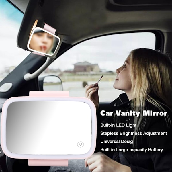 Bilsolskærm Makeup Spejl Omkring LED Lys Touch Screen Plug and Play med Tilbageklappelig Klips Pink