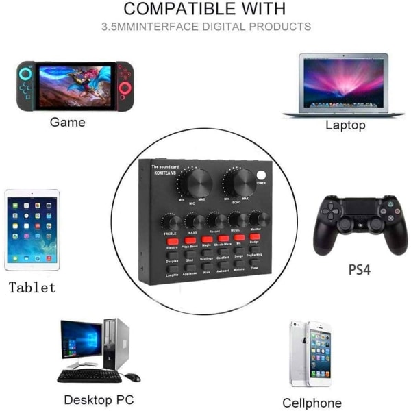 V8 ljudkort, mikrofon, dator, mobiltelefon, iPad, PS4