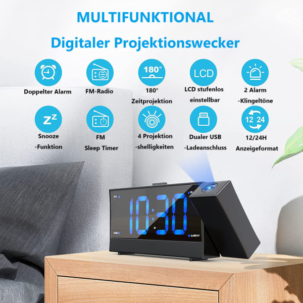 Väckarklocka för takprojektion, digital väckarklocka med 180° projektion, FM-radio, två USB portar, snooze-larm, 12/24H, 4 projektion
