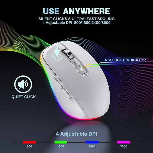 Oppladbar trådløs mus, 2.4G RGB 4 DPI justerbar (opptil 3600), ergonomisk stille mus med 6 knapper Vhermosa mus, tastatur og webkamera