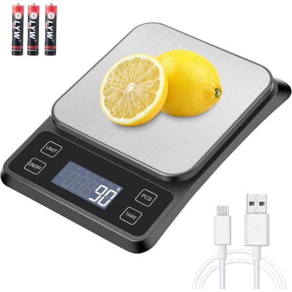 Kjøkkenvekt Precision Scale USB Oppladbar, 10kg/1g elektronisk kjøkkenvekt rustfritt stål, væskemåling, bakgrunnsbelyst LCD, auto-av,