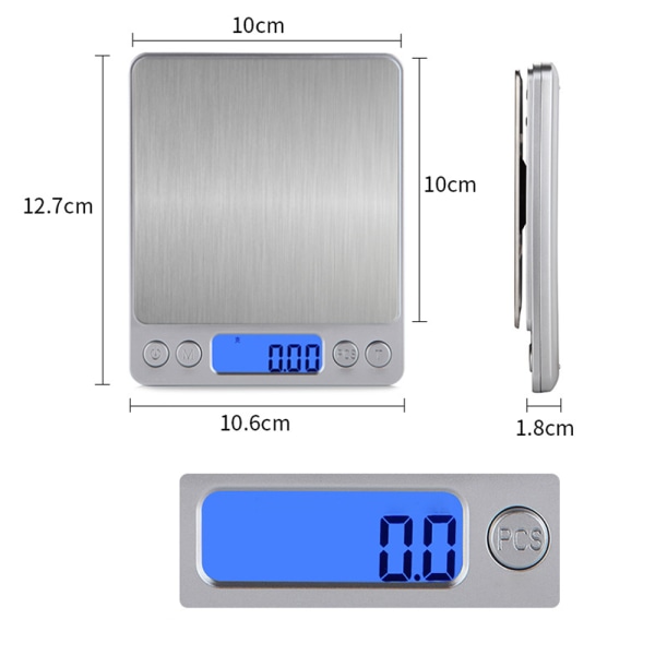 Digital køkkenvægt med USB-opladning, digital vægt 0,1g / 3 kg, elektronisk finvægt, PSC / tara funktion / LCD-display, 6 enheder konvertering,