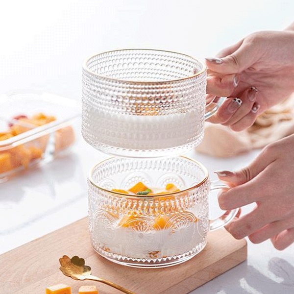 2 stk 400 ml glas kaffekopper sæt, præget tekopper til cappuccino, latte, korn, yoghurt, drikkevarer