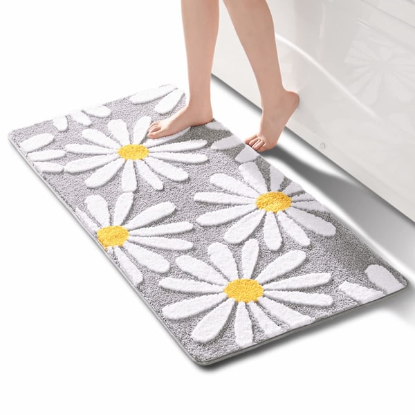 Blå badematte søt tusenfryd badematte sklisikker vaskbar badematte hvit og gul blomst badematte myk dusjmatte absorberende badematte 60x120cm