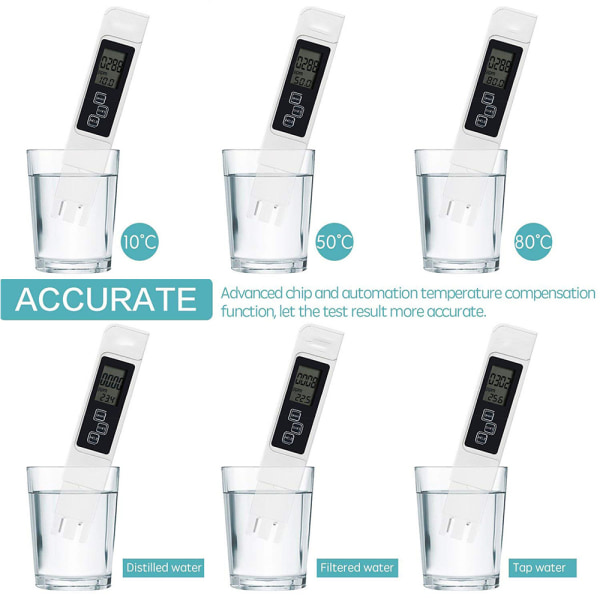 Vannkvalitetstest, nøyaktig og pålitelig, TDS-måler, EC-måler og temperaturmåler 3 i 1, 0-9990 ppm, ideell vanntestmåler for hydrokultur, Ro