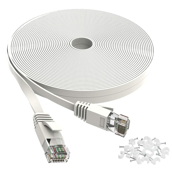 Kissa 6 Ethernet-kaapeli 50 jalkaa valkoinen - litteä Internet-verkko Lan