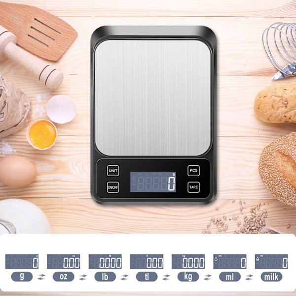 Kjøkkenvekt Precision Scale USB Oppladbar, 10kg/1g elektronisk kjøkkenvekt rustfritt stål, væskemåling, bakgrunnsbelyst LCD, auto-av,