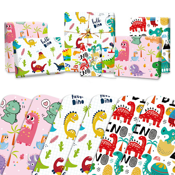 Dinosaurietecknad presentpapper, 6 ark 3 stilar mönster presentförpackning söt dino tema design, återvinningsbar dino presentinslagning för pojkar, flickor, barn
