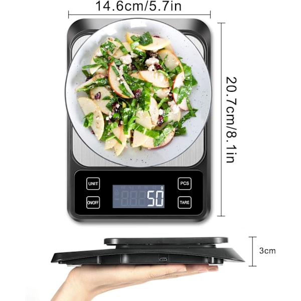 Kjøkkenvekt Precision Scale USB Oppladbar, 10kg/1g elektronisk kjøkkenvekt rustfritt stål, væskemåling, bakgrunnsbelyst LCD, auto-av,