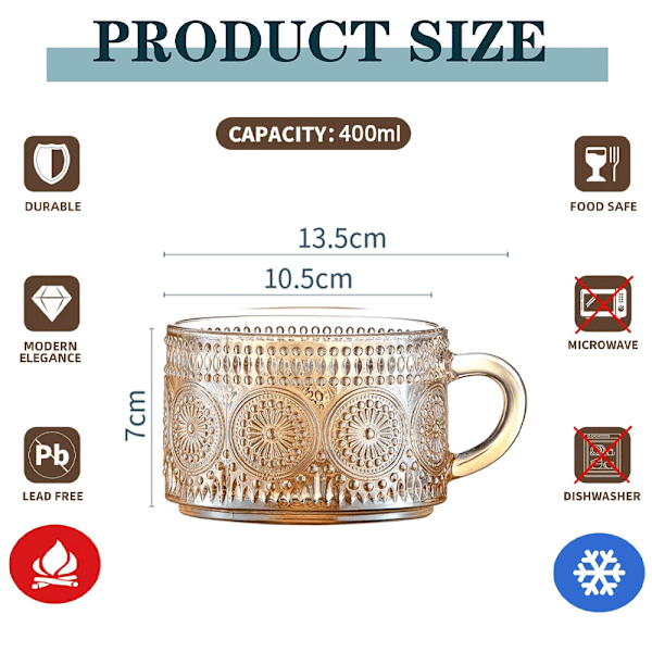 2 stk. 400 ml glas kaffekopper sæt, præget tekopper til cappuccino, latte, korn, yoghurt, drikkevarer