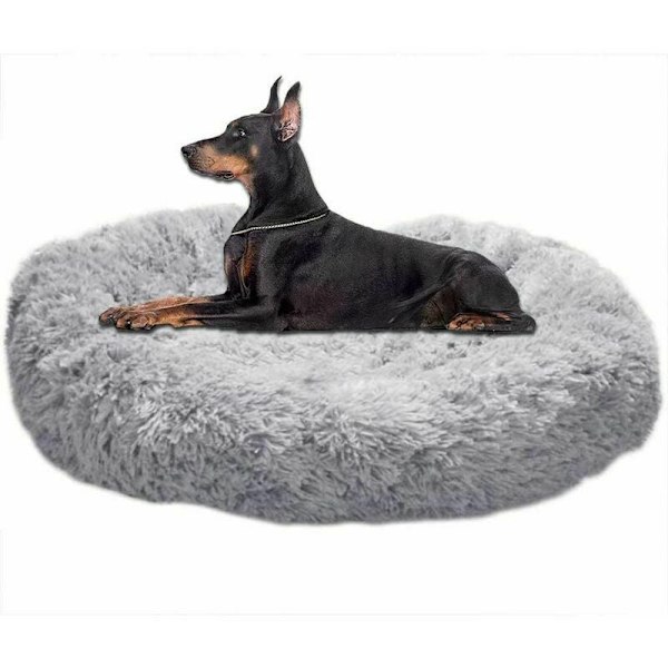 Myk rund hundeb seng ekstra stor vaskbar med pute, Deluxe hundeb seng pute Donut seng for store hunder, L-80cm, lys grå