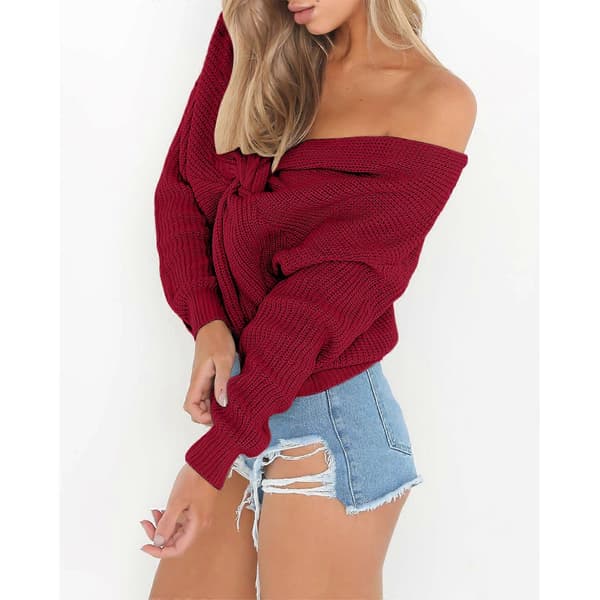 Dame Casual Crossback Rygløs Lang Flagermusærme Løs Strikket Pullover Lilla S Purple S