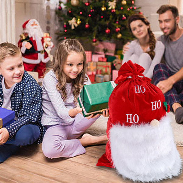 Julemandens gavepose i stof med snørelukning