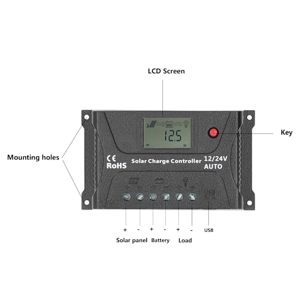 PWM Solcelleladerregulator 12V/24V Automatisk Gjenkjenning 10A IP30 Vanntett Svart for Bobiler Yachter