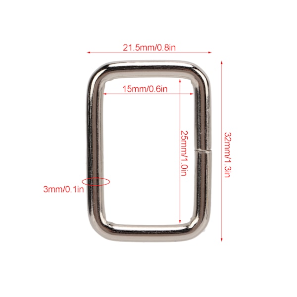 100 st metall fyrkantiga spännen rektangulär metallring för väska plånbok väska DIY sömnad hårdvara hantverk silver3x25x15mm