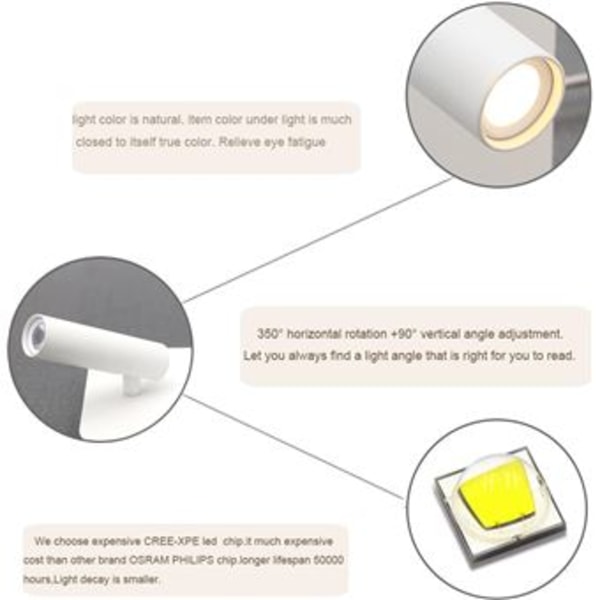 LED-vegglampe, nattbordslampe, 12W LED-veggleselamper, justerbar spotlight (3W + 9W 3000K varmt lys) hvit (firkant)