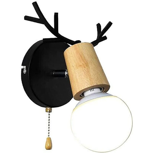 Deer Antler Shape Wooden Wall Light with E27 Pull Switch, Black, Without Bulb