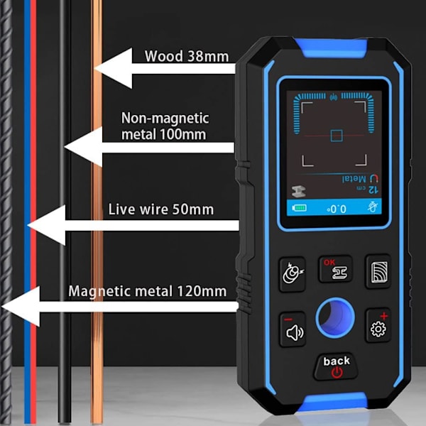 NF-518 Erittäin tarkka seinäilmaisin 2,4 tuuman LCD-näytöllä, sisäänrakennettu 390 mAh akku + USB-kaapeli, 3 tunnistustilaa, ääni-ilmoitustoiminto,