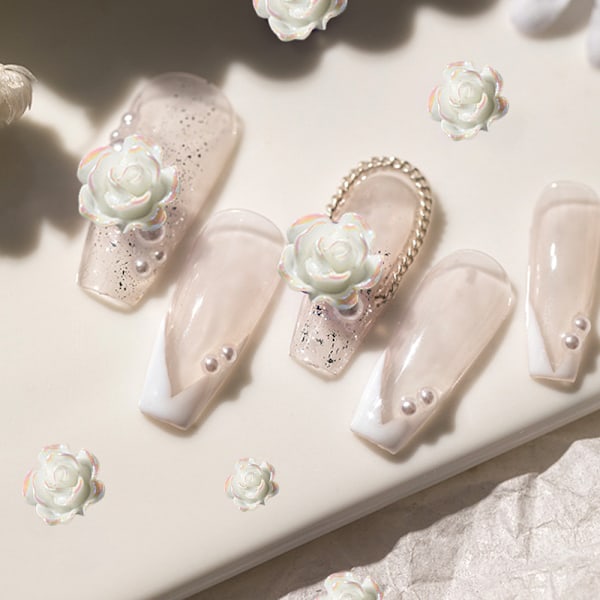Nail Art 3D Resin Vit Ros Blomdesign Aurora Kronblad Nagel
