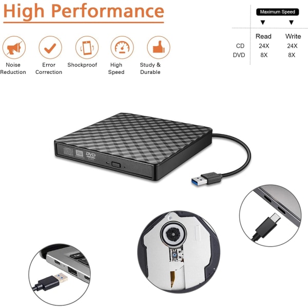 Eksternt DVD-drev, USB 3.0 Type-C brænder, læser, bærbar til pc, bærbar computer, stationær computer, MacBook, Mac, Windows 7/8/10